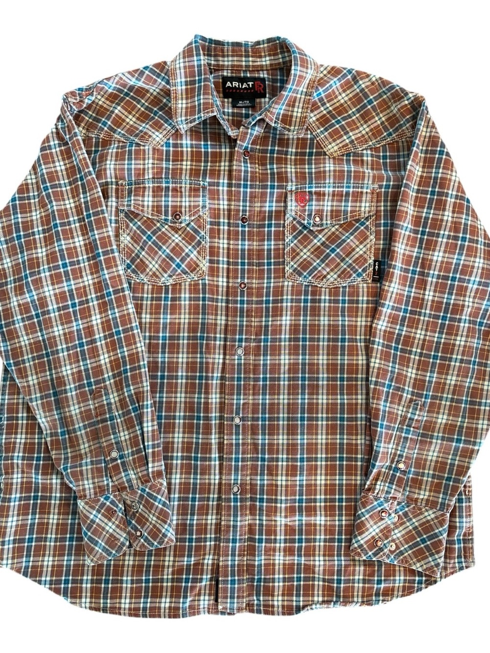 Ariat FR (CAT 2) Rust and Blue Plaid Long-Sleeve Western Button-Down Work Shirt